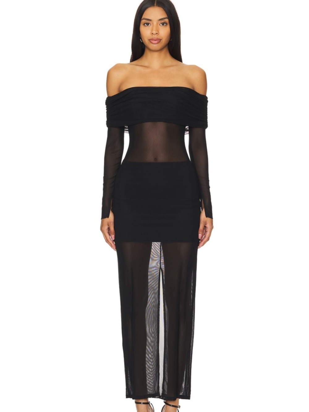 Off-Shoulder Black Sheer Fio Maxi Dress